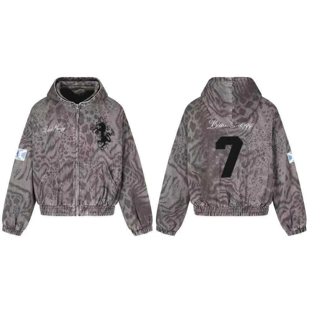 Washed Leopard Print Zip Up Hooded Jacket