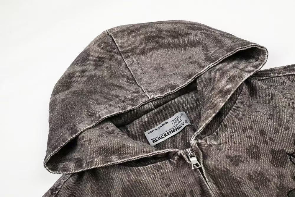 Washed Leopard Print Zip Up Hooded Jacket