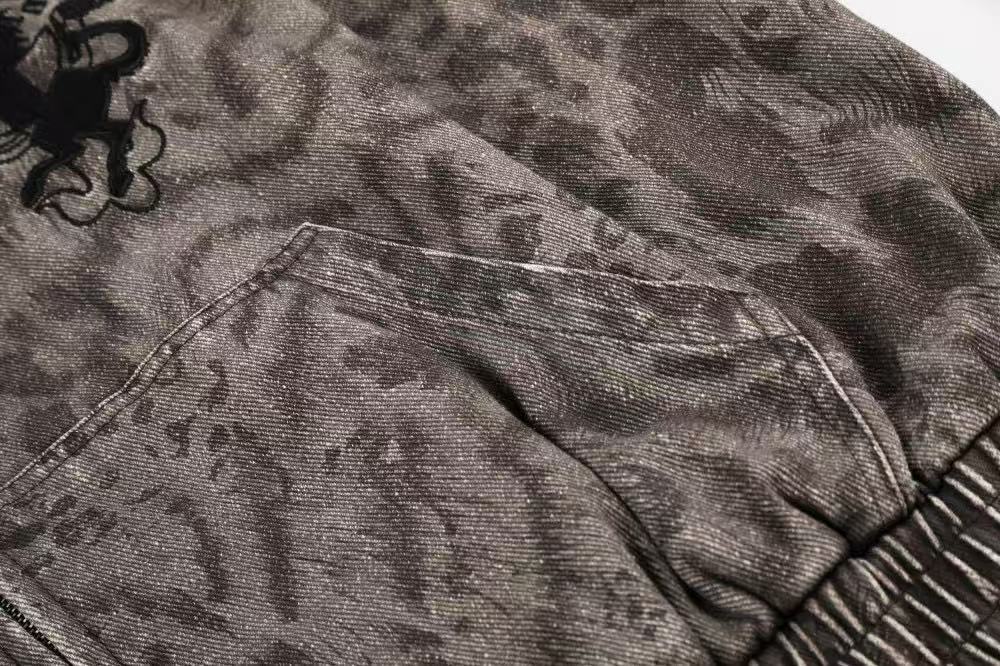 Washed Leopard Print Zip Up Hooded Jacket