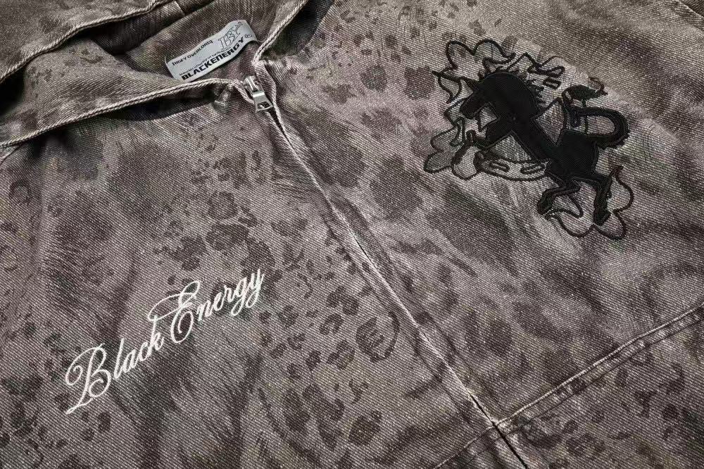 Washed Leopard Print Zip Up Hooded Jacket