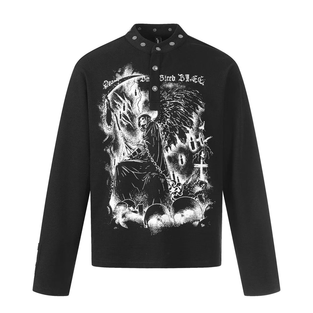 Grim Reaper Skull Print Stand Collar Henley Long Sleeve