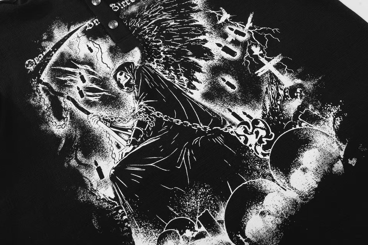 Grim Reaper Skull Print Stand Collar Henley Long Sleeve