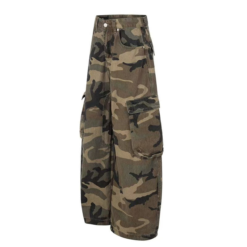 Unisex Vintage Camo Multi-Pocket Wide-Leg Cargo Pants