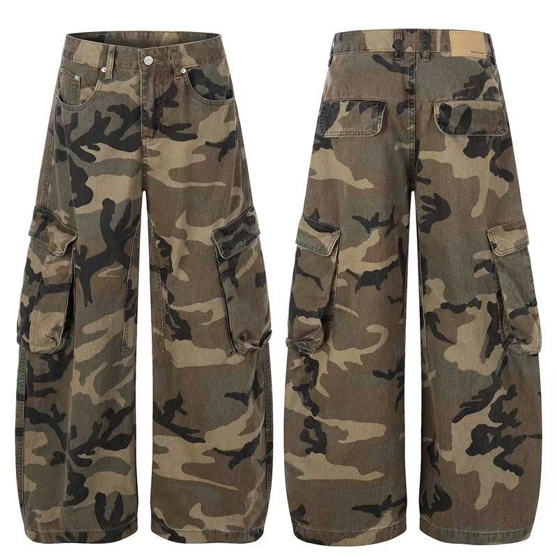 Unisex Vintage Camo Multi-Pocket Wide-Leg Cargo Pants