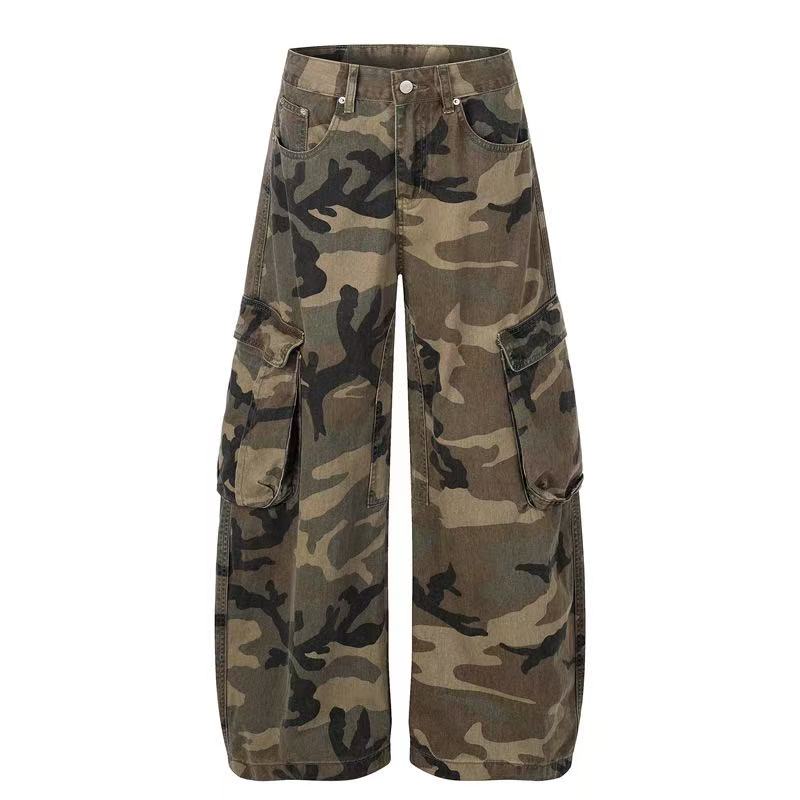 Unisex Vintage Camo Multi-Pocket Wide-Leg Cargo Pants