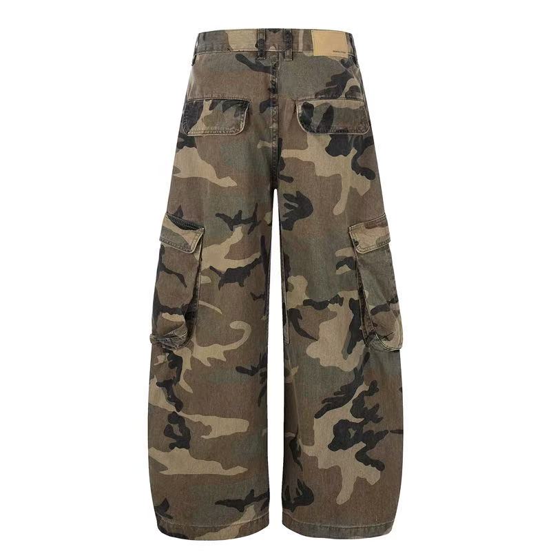 Unisex Vintage Camo Multi-Pocket Wide-Leg Cargo Pants