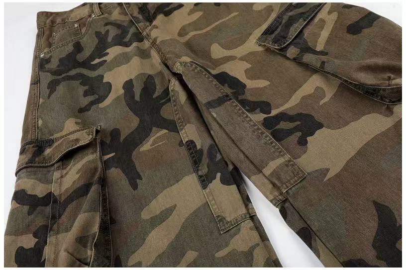 Unisex Vintage Camo Multi-Pocket Wide-Leg Cargo Pants