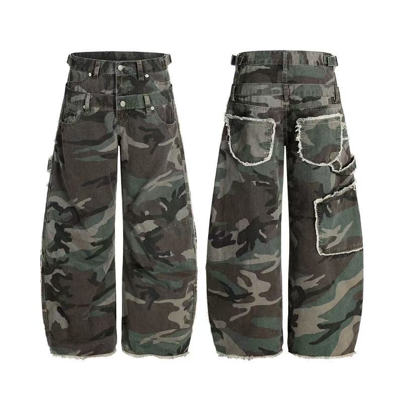 Camo Double Waist Frayed Edge Wide-Leg Cargo Pants