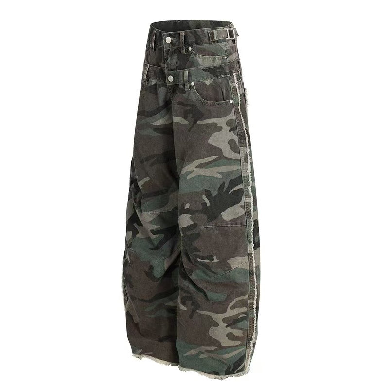 Camo Double Waist Frayed Edge Wide-Leg Cargo Pants