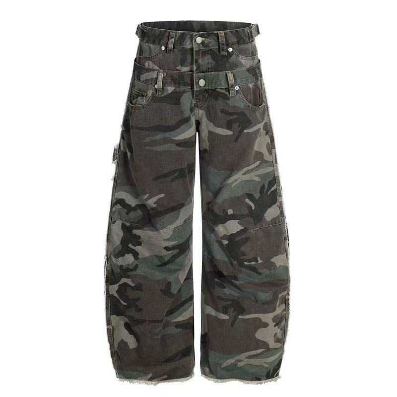 Camo Double Waist Frayed Edge Wide-Leg Cargo Pants