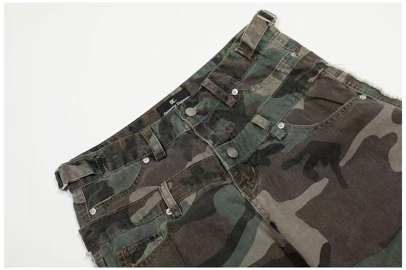 Camo Double Waist Frayed Edge Wide-Leg Cargo Pants