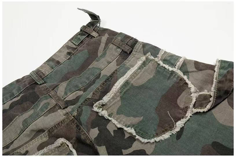 Camo Double Waist Frayed Edge Wide-Leg Cargo Pants