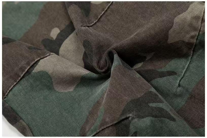 Camo Double Waist Frayed Edge Wide-Leg Cargo Pants