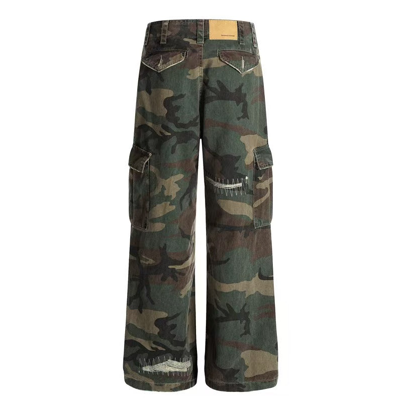 Distressed Stitch Patch Camo Wide-Leg Cargo Pants