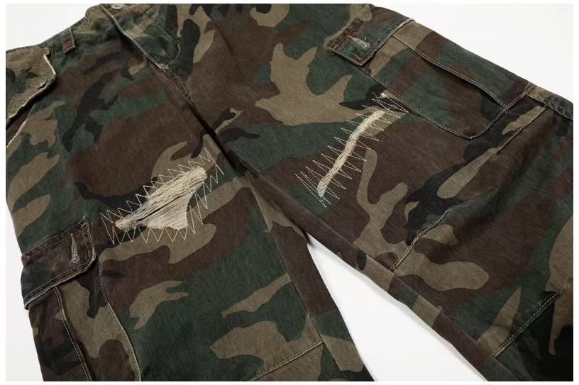 Distressed Stitch Patch Camo Wide-Leg Cargo Pants