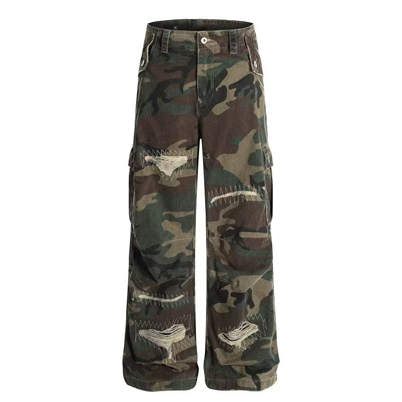 Distressed Stitch Patch Camo Wide-Leg Cargo Pants