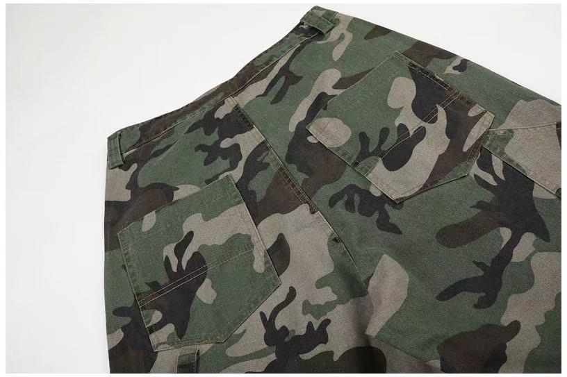 Camo Leopard Patchwork Drawstring Wide-Leg Cargo Pants