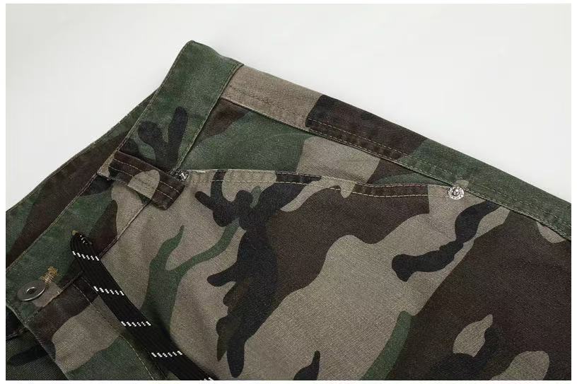 Camo Leopard Patchwork Drawstring Wide-Leg Cargo Pants