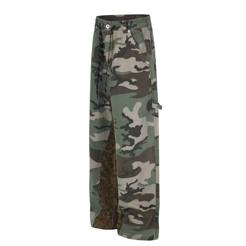 Camo Leopard Patchwork Drawstring Wide-Leg Cargo Pants