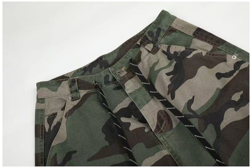 Camo Leopard Patchwork Drawstring Wide-Leg Cargo Pants