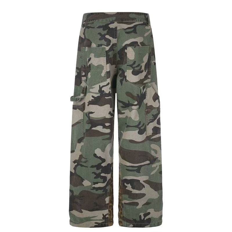 Camo Leopard Patchwork Drawstring Wide-Leg Cargo Pants