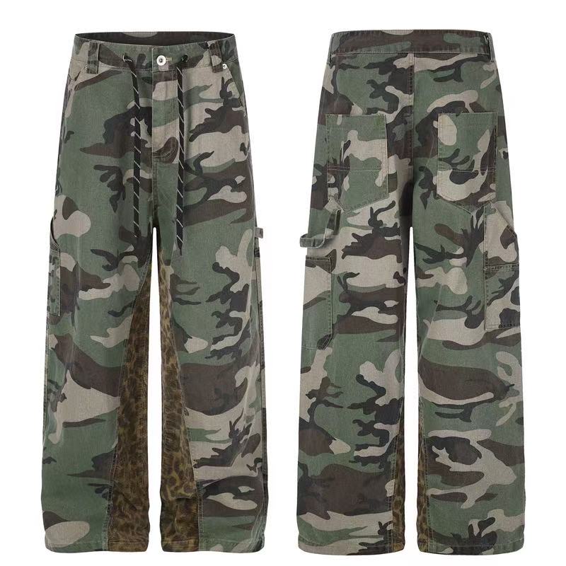 Camo Leopard Patchwork Drawstring Wide-Leg Cargo Pants
