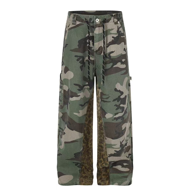 Camo Leopard Patchwork Drawstring Wide-Leg Cargo Pants