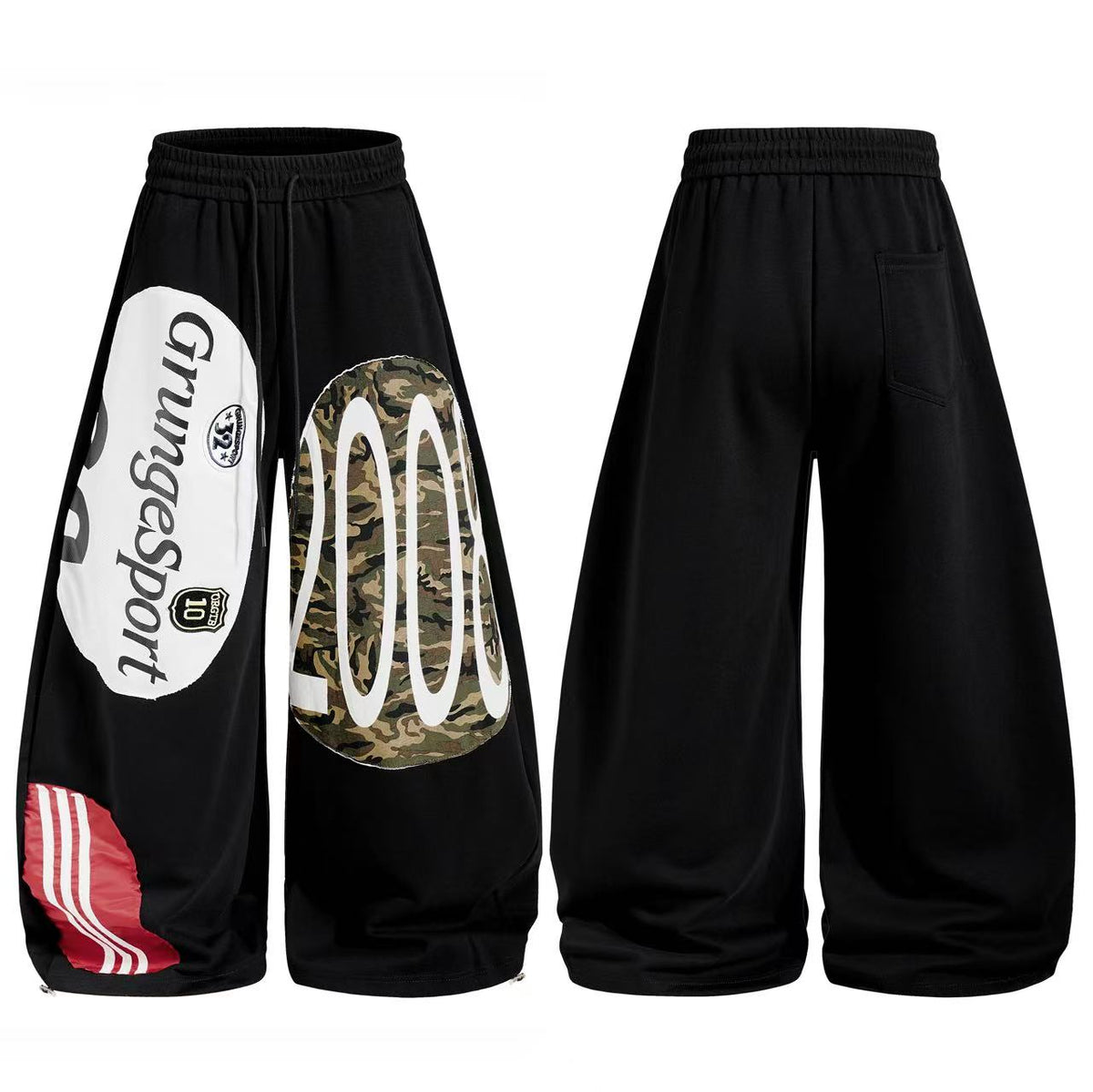 Streetwear Camo Patchwork Letter Number Graphic Baggy Wide-Leg Sweatpants