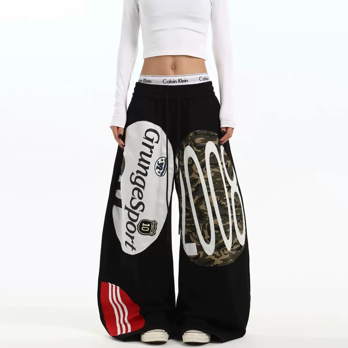 Streetwear Camo Patchwork Letter Number Graphic Baggy Wide-Leg Sweatpants