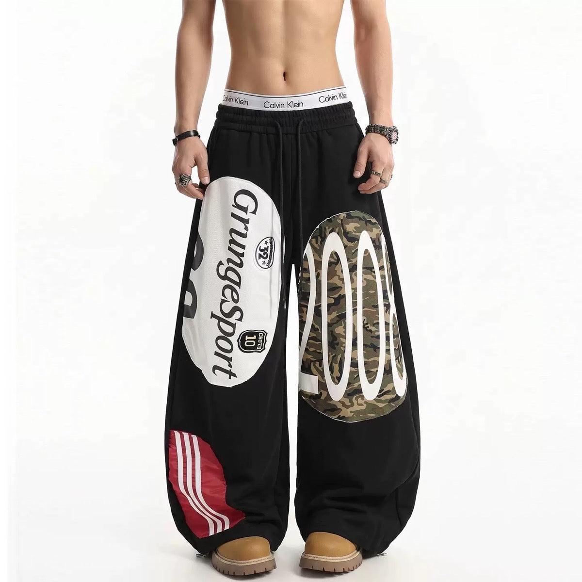 Streetwear Camo Patchwork Letter Number Graphic Baggy Wide-Leg Sweatpants