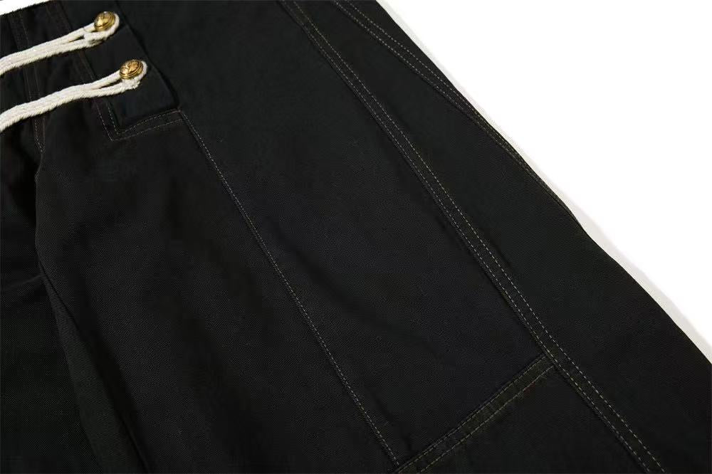 Vintage Washed Rope Lace-Up Button Wide-Leg Cargo Pants
