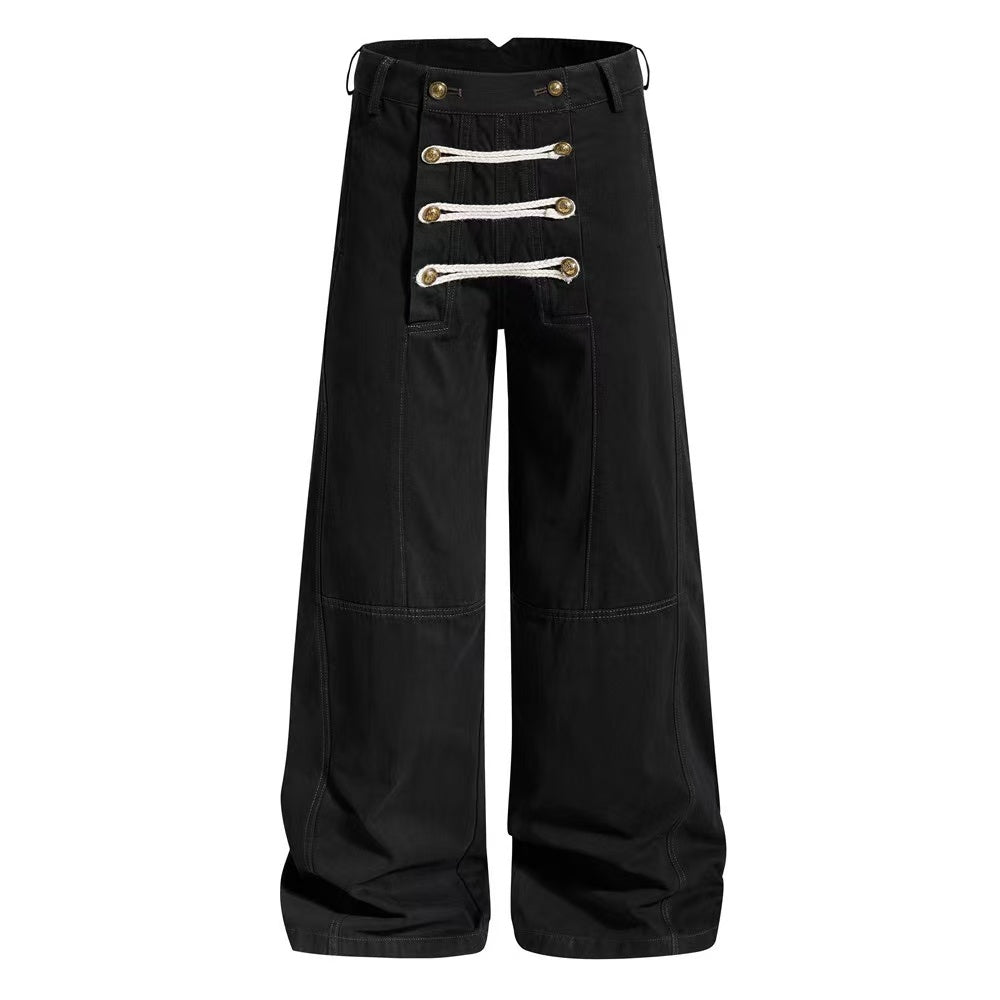 Vintage Washed Rope Lace-Up Button Wide-Leg Cargo Pants