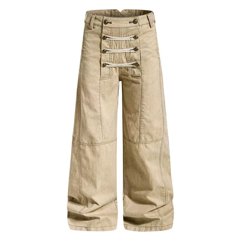 Vintage Washed Rope Lace-Up Button Wide-Leg Cargo Pants