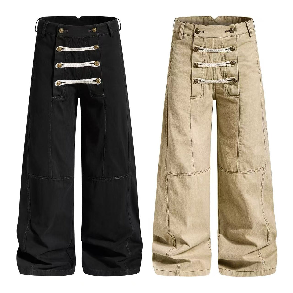 Vintage Washed Rope Lace-Up Button Wide-Leg Cargo Pants