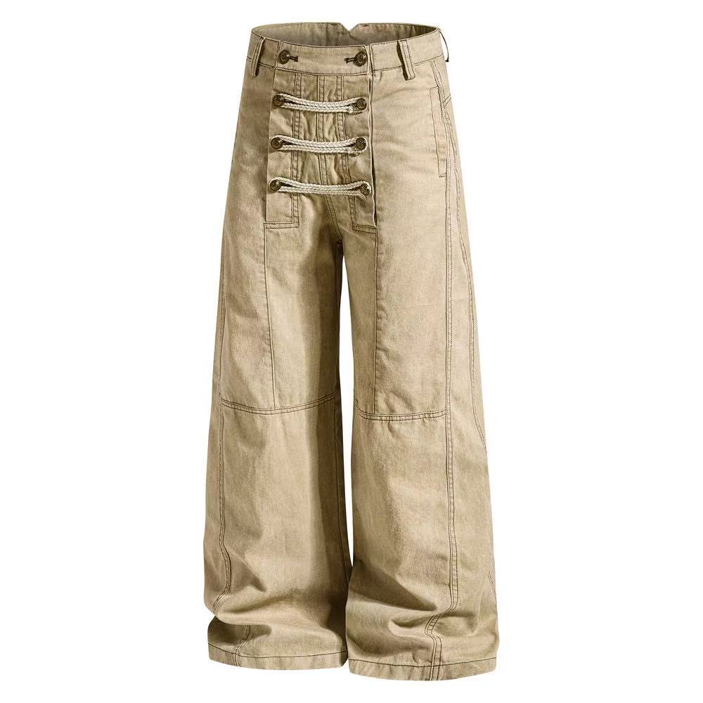 Vintage Washed Rope Lace-Up Button Wide-Leg Cargo Pants