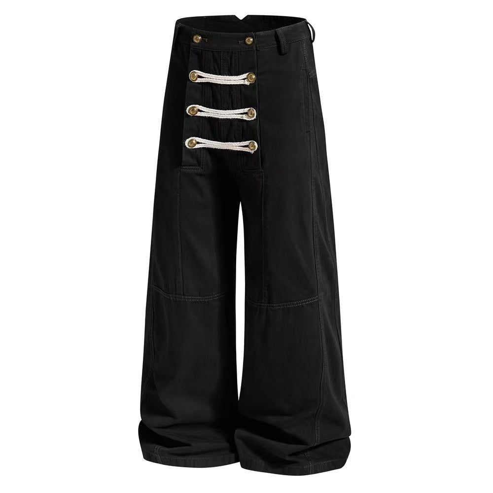 Vintage Washed Rope Lace-Up Button Wide-Leg Cargo Pants