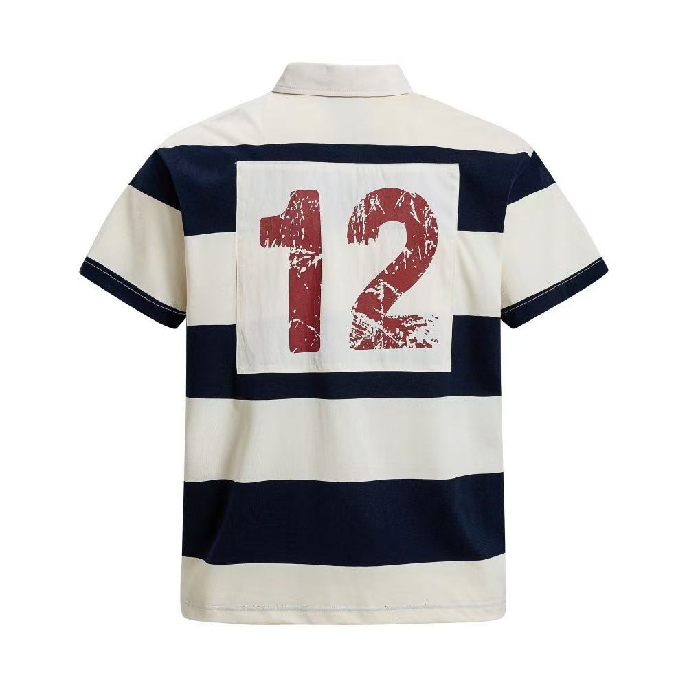 Vintage Block Stripe Number 12 Graphic Rugby Polo Shirt