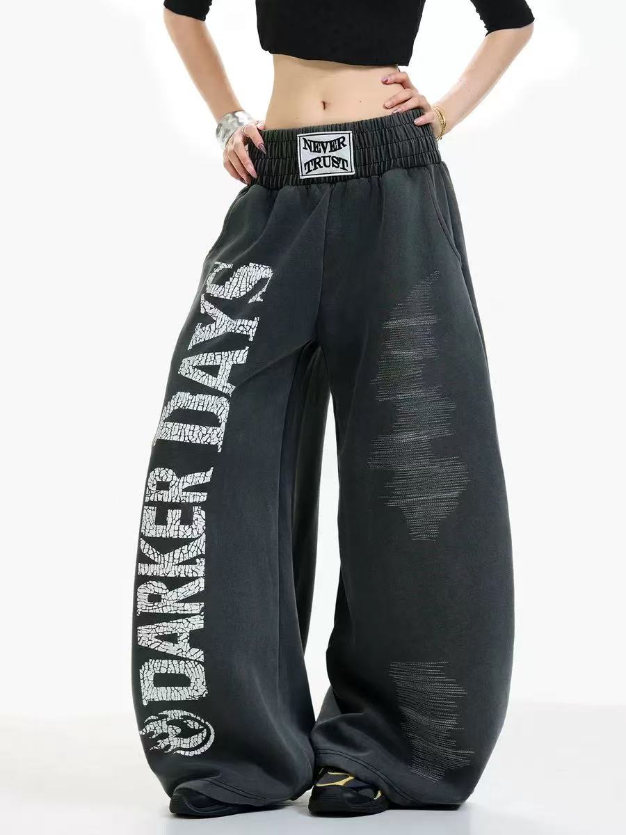 Washed Crackle Letter Baggy Wide-Leg Sweatpants