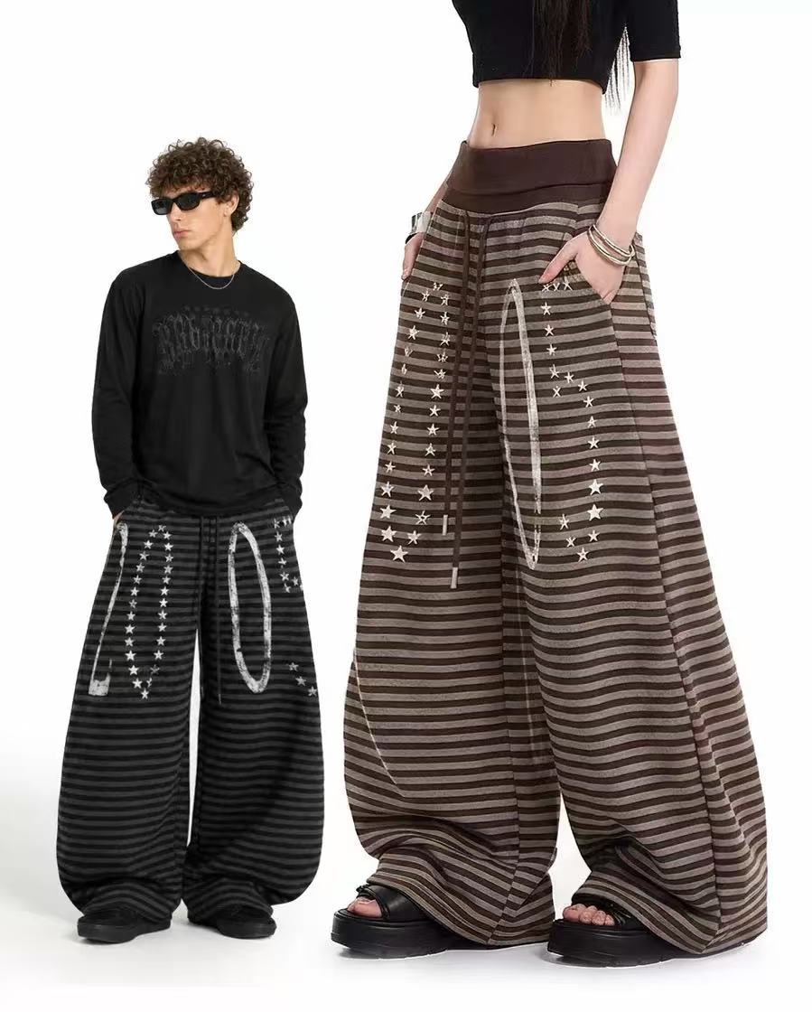 Striped Distressed Number Print Wide-Leg Sweatpants