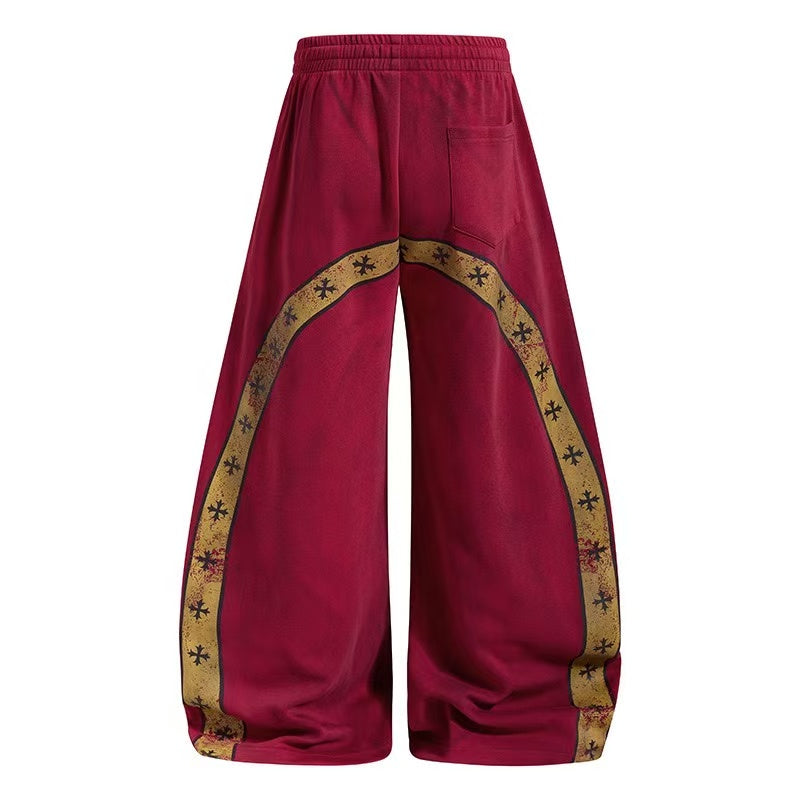 Vintage Crest Emblem Print Baggy Wide-Leg Sweatpants