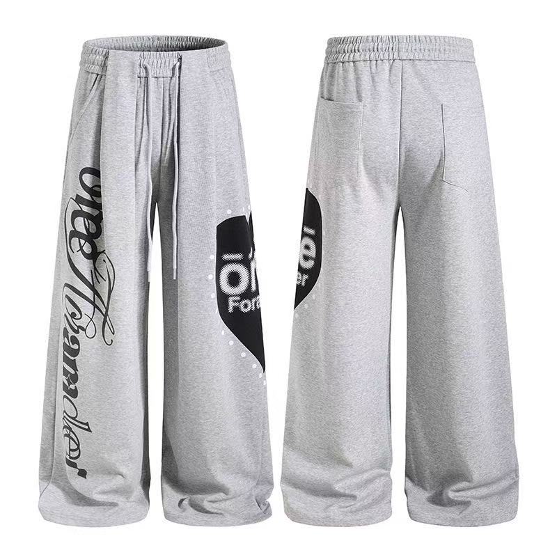 Side Heart & Cursive Text Print Wide-Leg Sweatpants