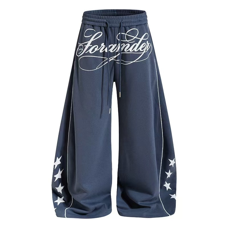 Cursive Text & Side Star Print Wide-Leg Sweatpants