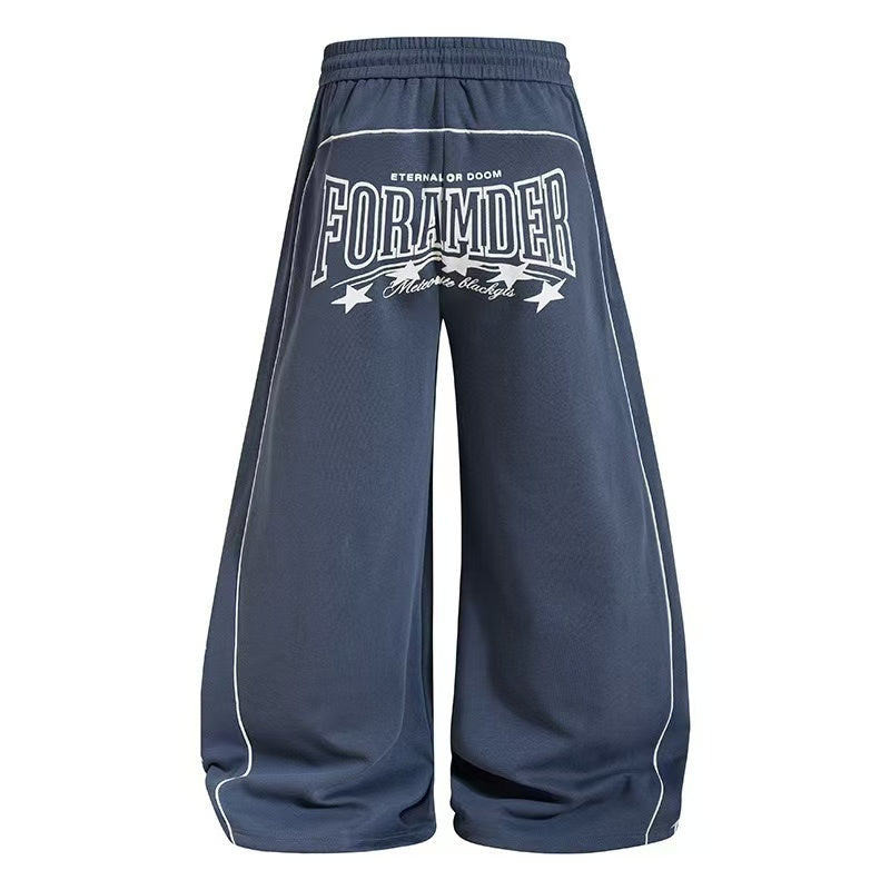 Cursive Text & Side Star Print Wide-Leg Sweatpants