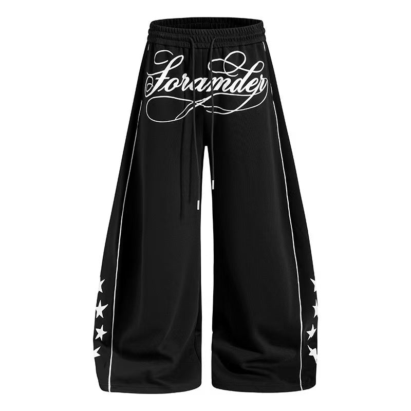 Cursive Text & Side Star Print Wide-Leg Sweatpants