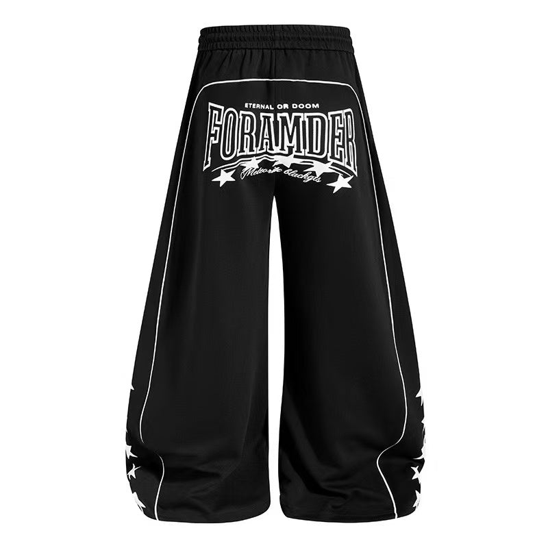 Cursive Text & Side Star Print Wide-Leg Sweatpants