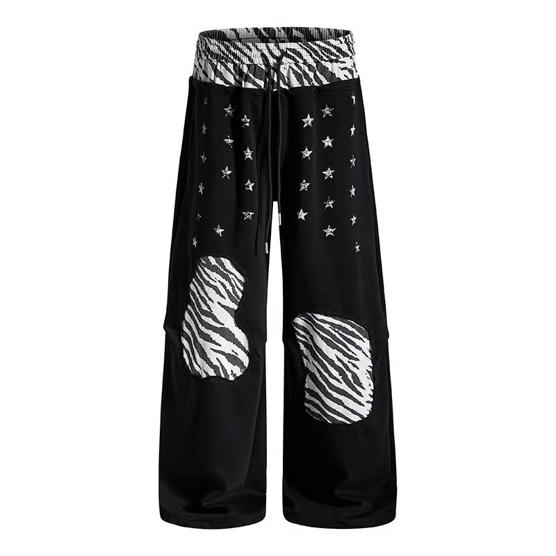 Zebra Patches & Star Print Wide-Leg Sweatpants