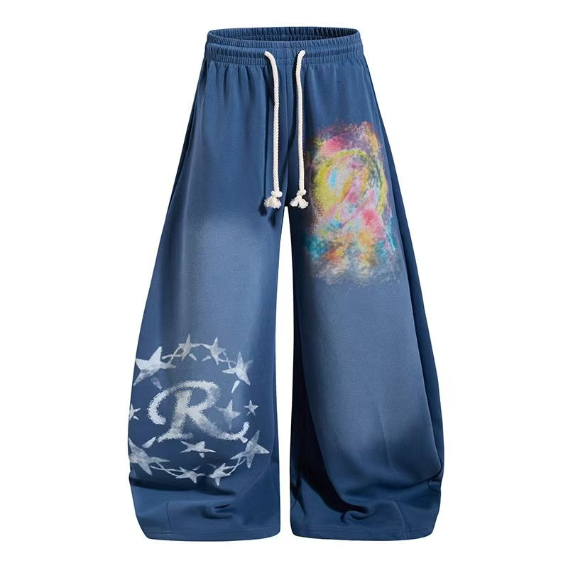 Zebra Heart Patches & Star Rhinestone Print Baggy Wide-Leg Sweatpants