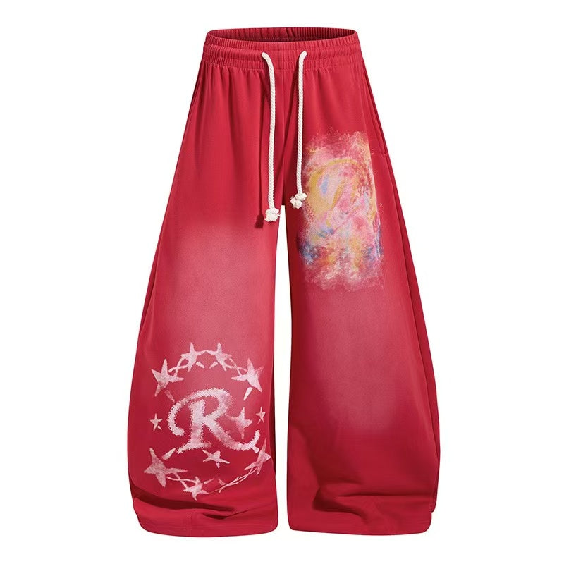 Zebra Heart Patches & Star Rhinestone Print Baggy Wide-Leg Sweatpants