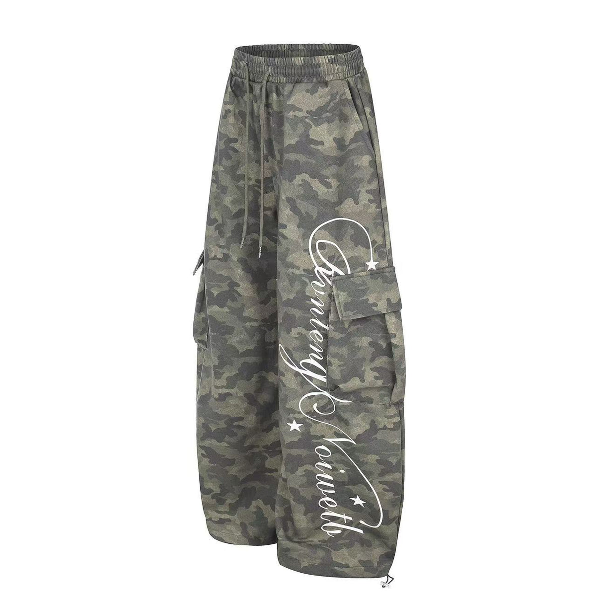 Camo Cursive Script Print Wide-Leg Sweatpants