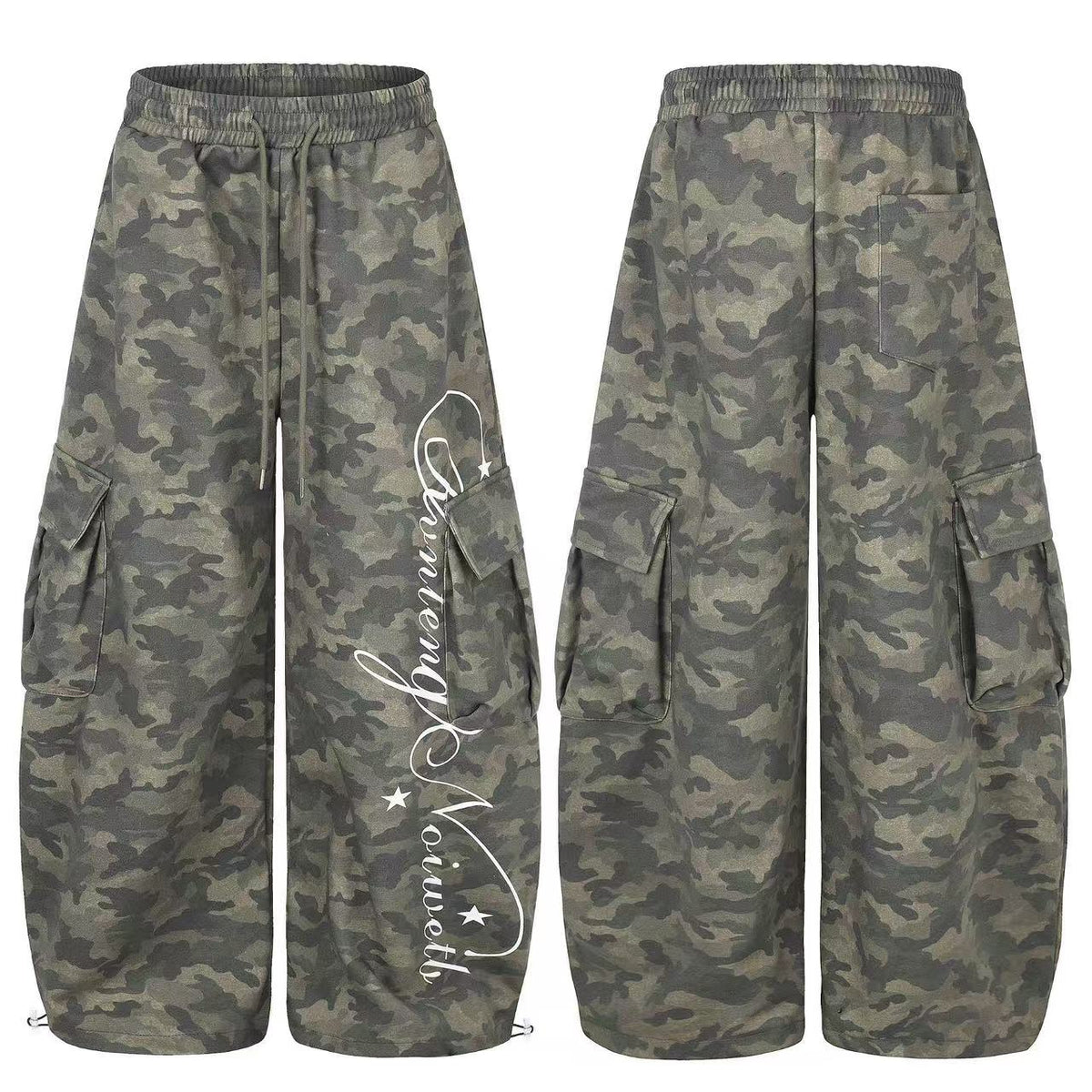 Camo Cursive Script Print Wide-Leg Sweatpants